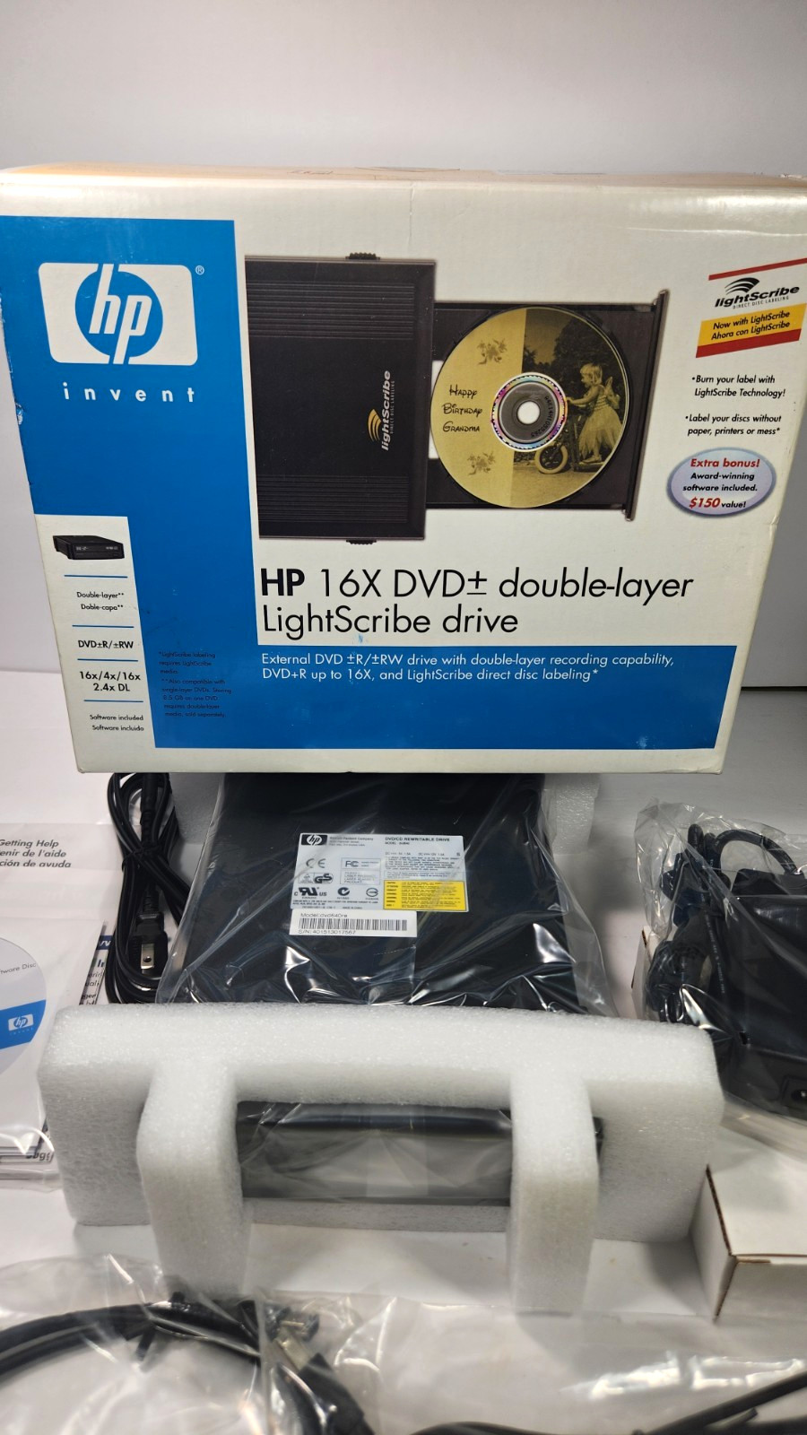 HP dvd640e 16X External DVD Writer Double-Layer LightScribe USB Drive Open Box