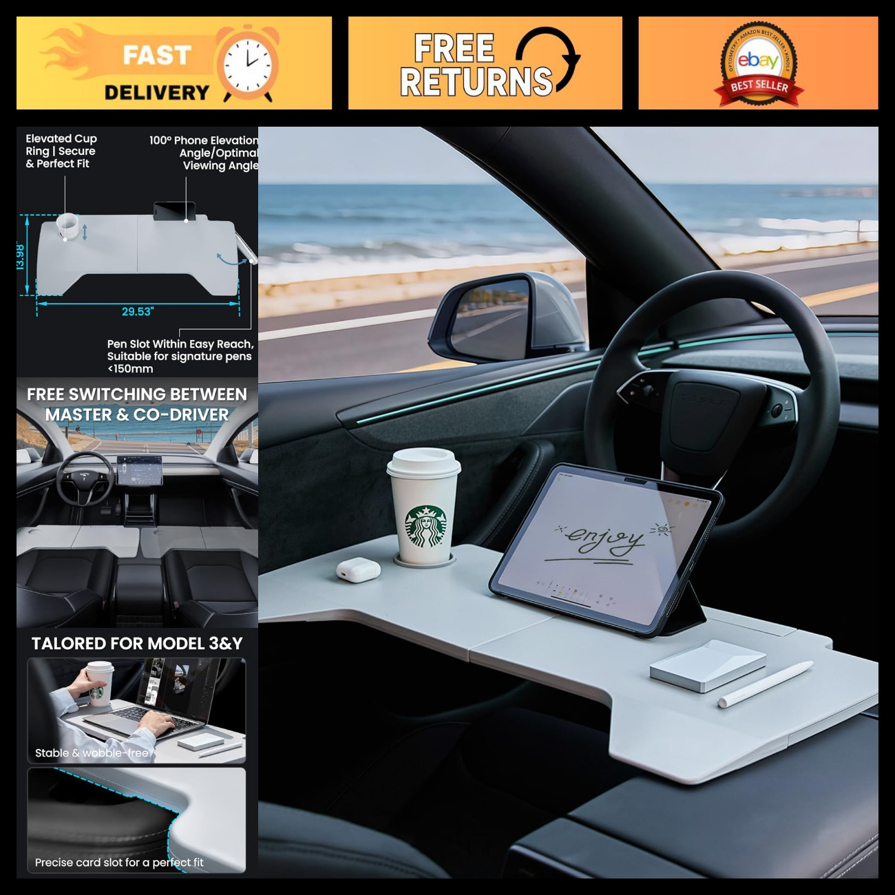 Foldable Desk Food Tray for Tesla Model Y/3 - Portable Laptop Table with Support