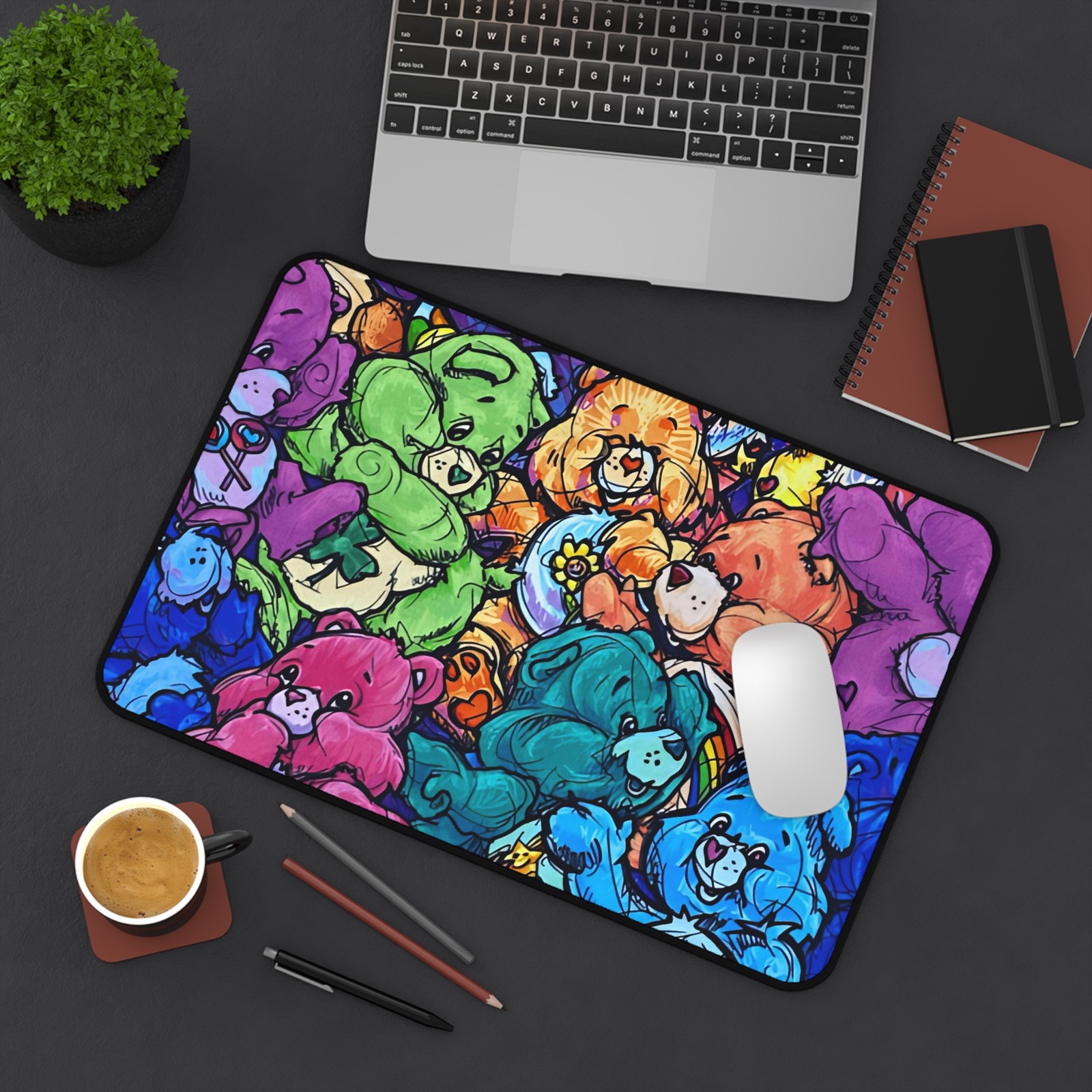 Colorful Rainbow Care Bears Desk Mat | Cute Plush Pattern