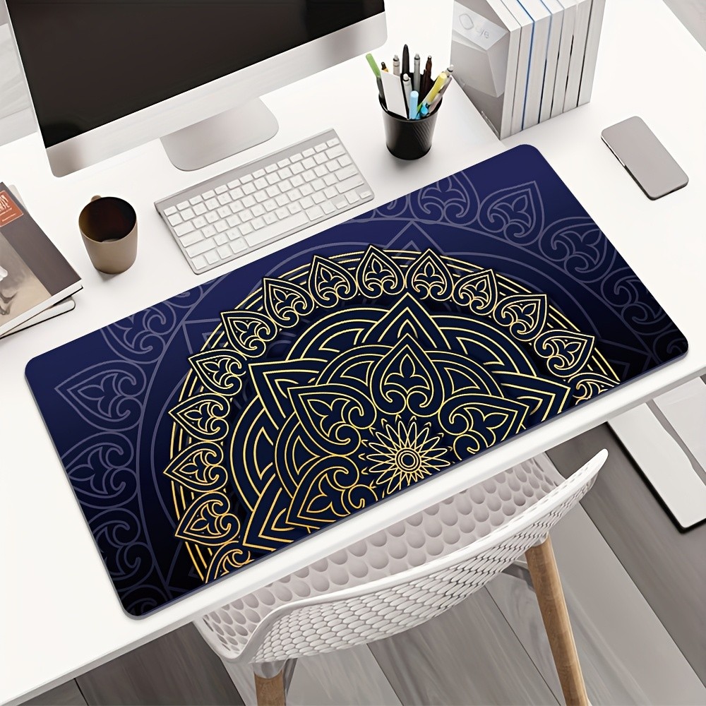 1pc Golden Mandala Mouse Pad, Navy Blue Geometric Symmetrical Desk Mat, Large