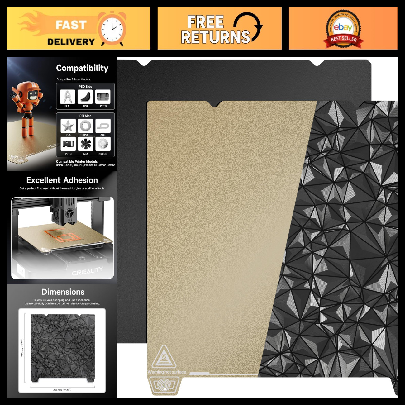 Double-Sided PEI PEO Sheet & Magnetic Build Plate 235x235mm for 3D Printers