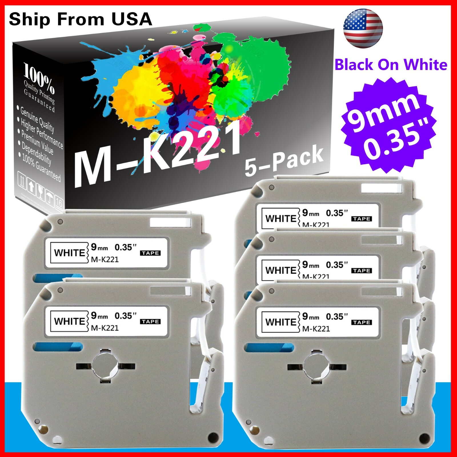 5 PK MK221 MK-221 Label Tape Used for P-touch PT-65 PT-65SB(Black on White)