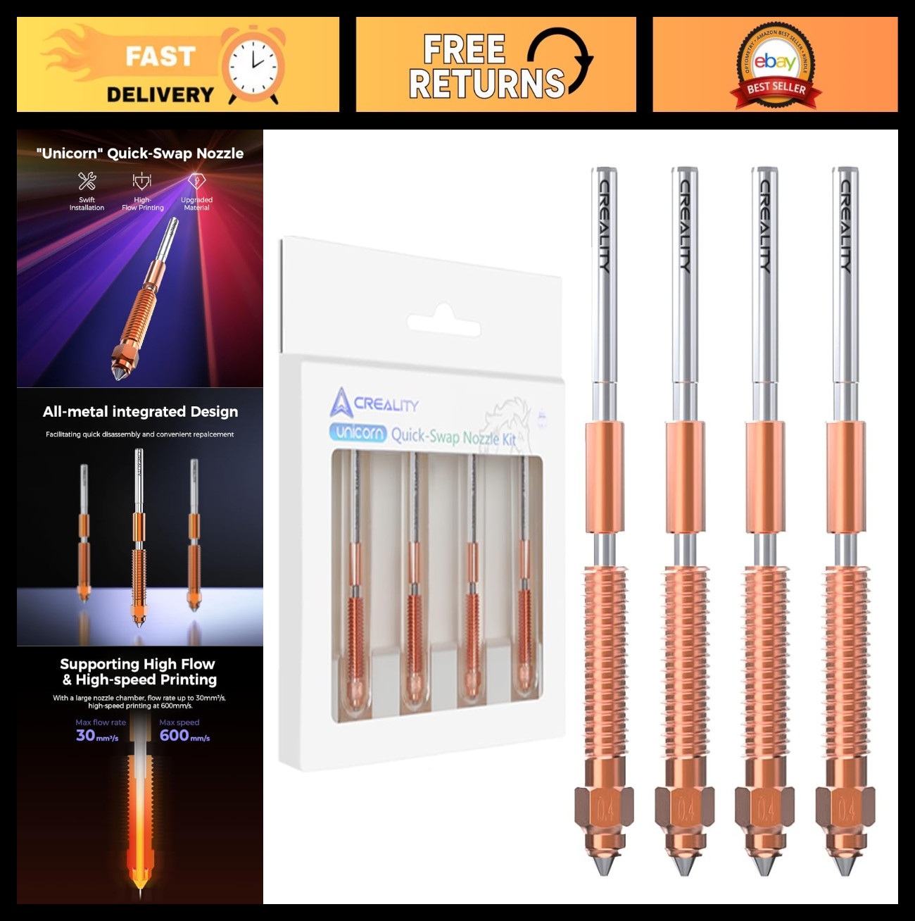 4PCS Quick-Swap 3D Printer Nozzle Kit - 0.4mm, 0.6mm, 0.8mm Copper & Steel