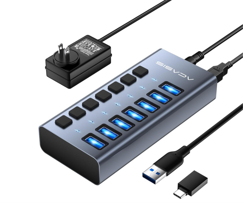 Concentrador USB 3.2 con Alimentación, 7 Puertos, 10Gbps, Aluminio, 24W. Nuevo