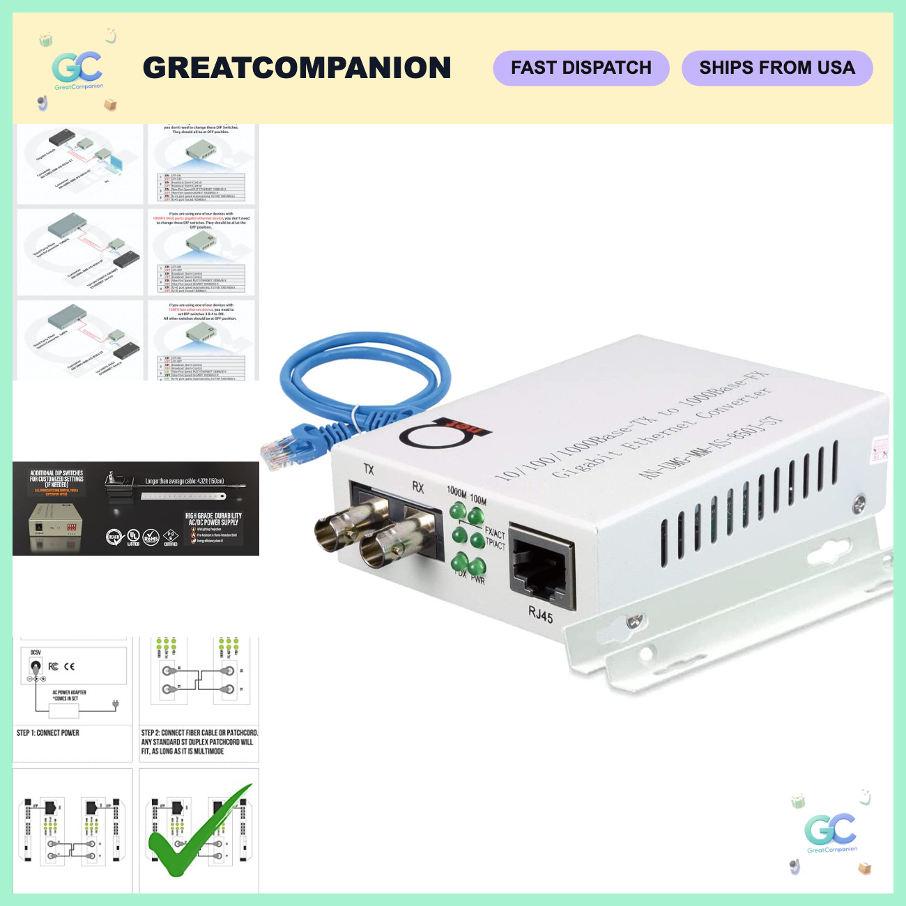 Multimode ST Gigabit Fiber Media Converter to Ethernet RJ45, 550m Range