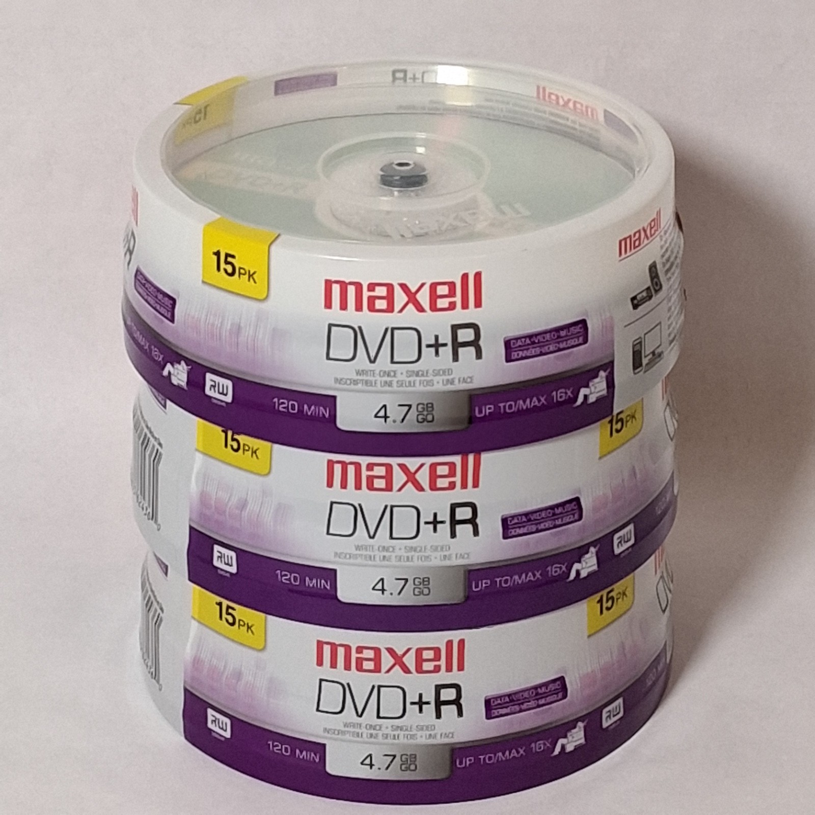 Maxell  DVD+R 4.7GB 16x Recordable Media Spindle 15 Count 3 Pack New 45 Total
