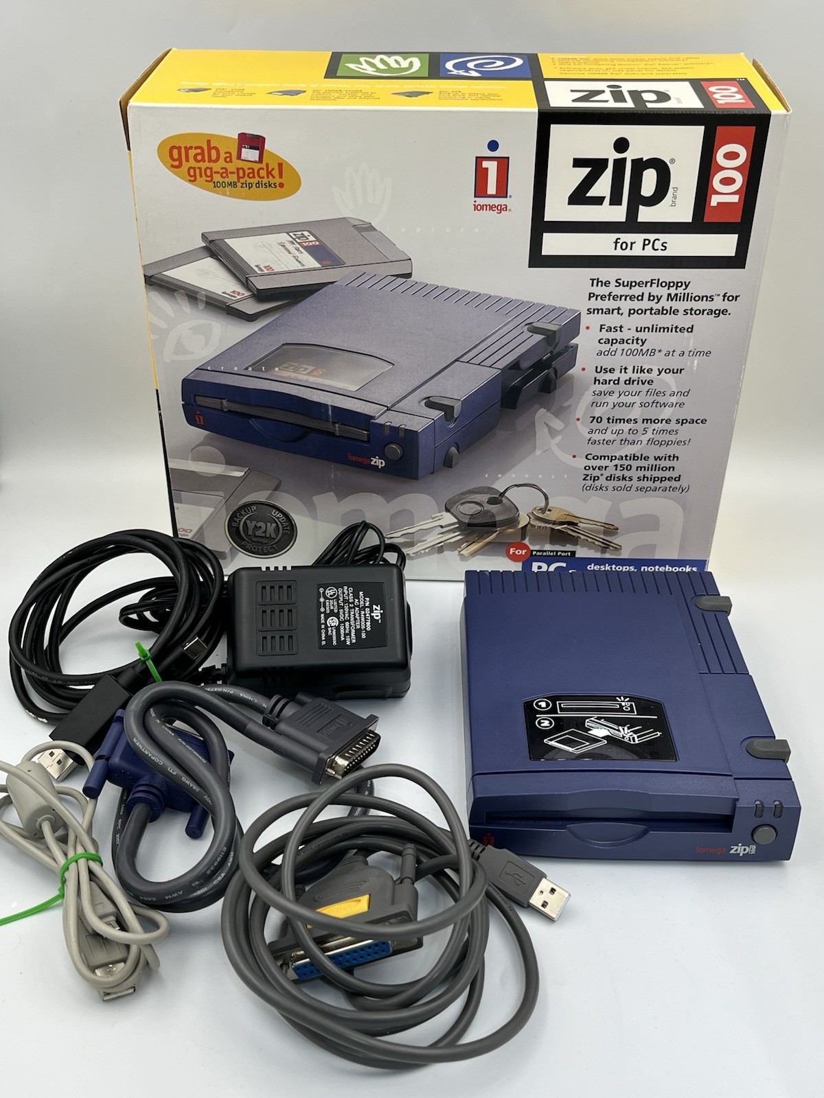 Iomega Zip 100 Parallel Port External Drive Z100P2 Original Box Power Cable 1999