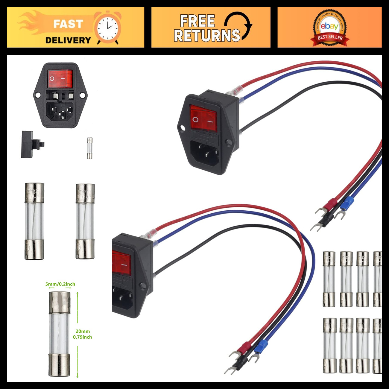 3D Printer Power Switch Module Plug, 10A 250V Socket with Fuse & Extension Cable