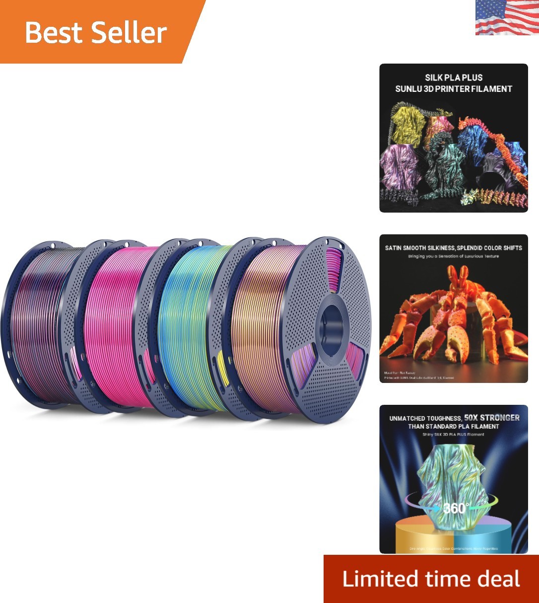 Vibrant Silk 3D Printer Filament - 4KG Quadruple Color 1.75mm | High Toughness