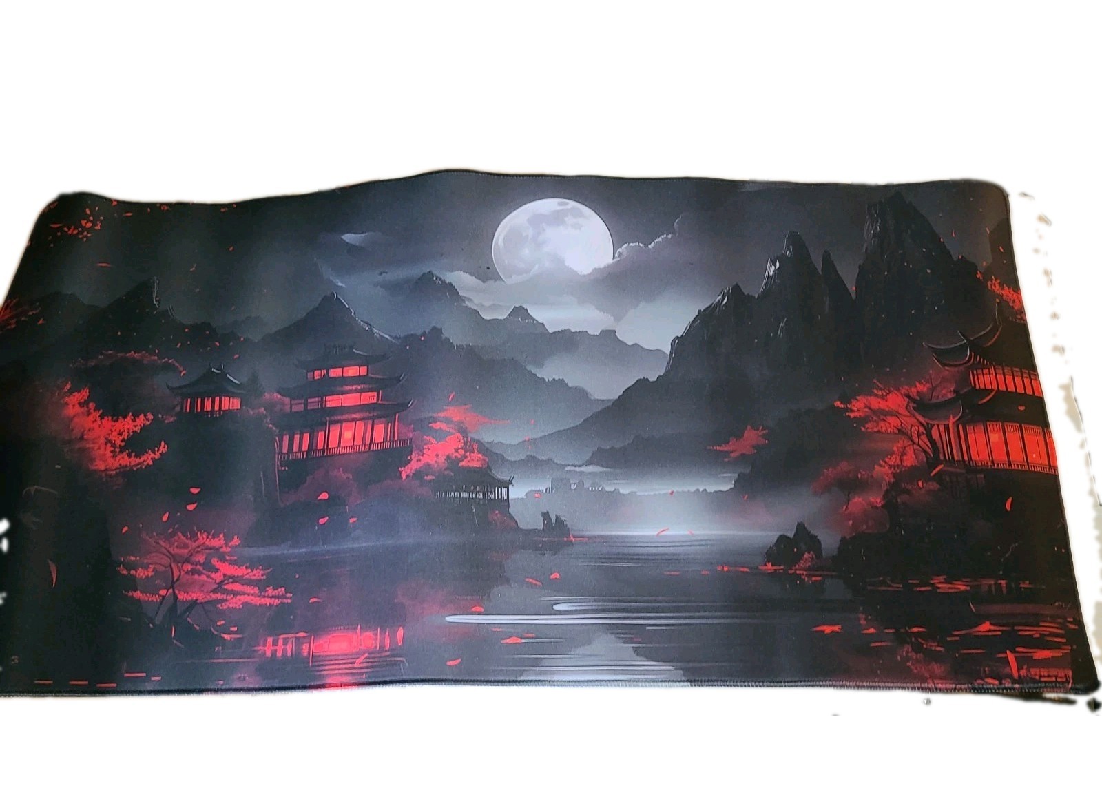 Japanese Riverside Full Moon Desk Mat - XL Black & Red Gaming Pad (20"×16")