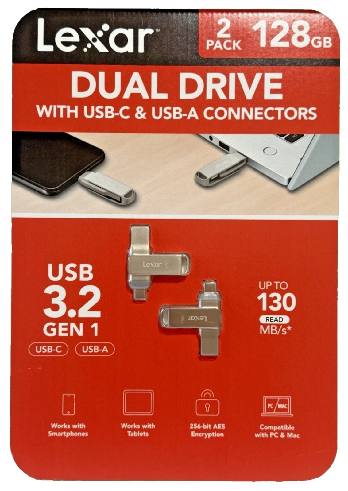 Lexar 2-Pack 128GB Dual Flash Drive USB 3.2 Gen1 : USB-C & USB-A - New Sealed