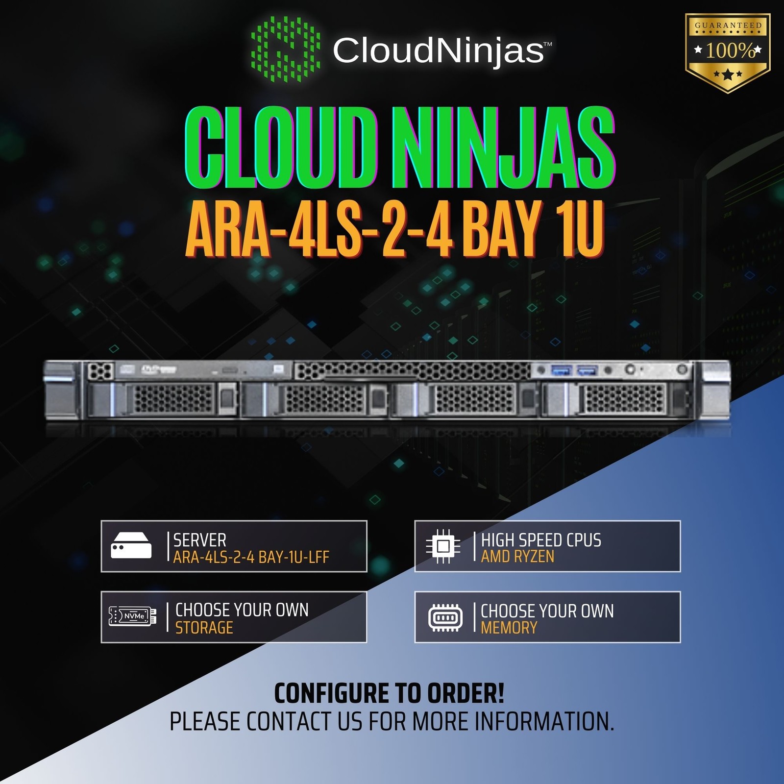 Cloud Ninjas ARA-4LS-2 4 Bay 1U Server AMD Ryzen 9 7900X DDR5 NVMe 2x 350W PSU