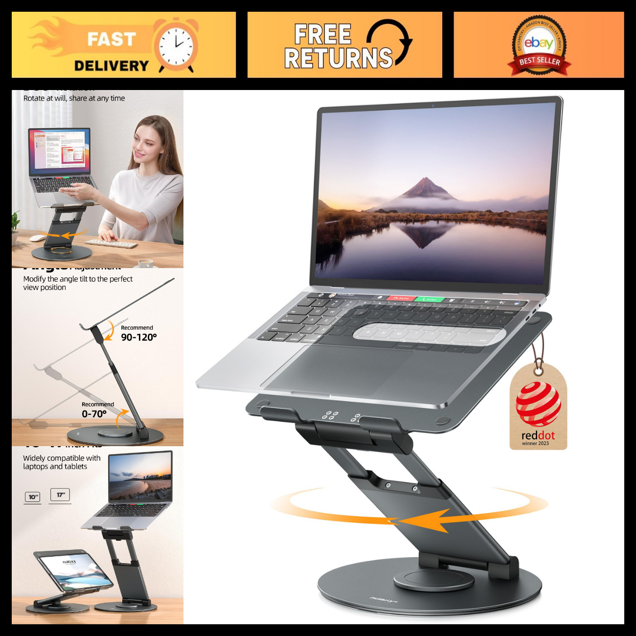 Adjustable 18" Telescopic Laptop Stand - 360° Rotating Aluminum Desk Holder, Gra