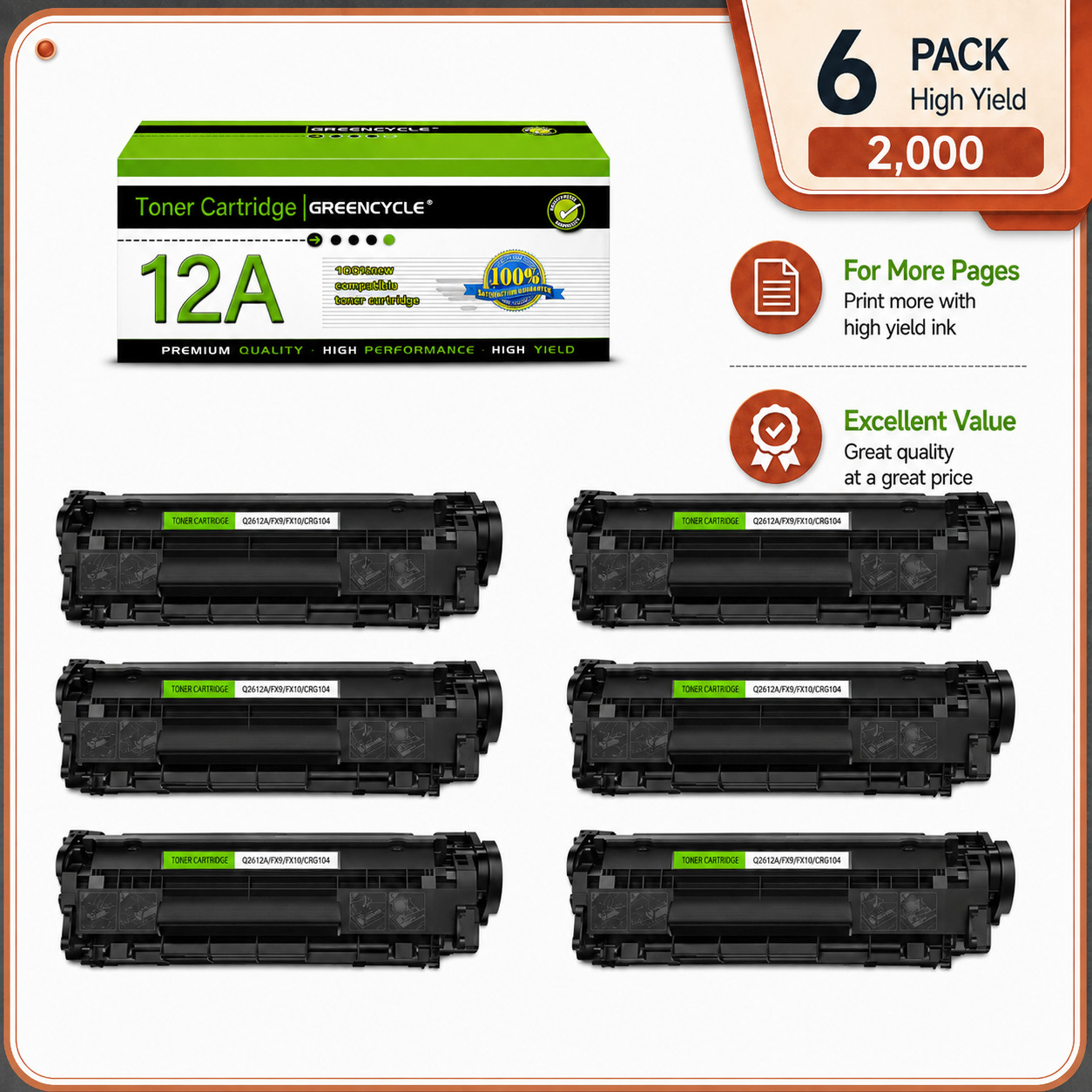6 PACK Q2612A toner Compatible for HP 12A LaserJet 1020 P1006 P1102 M1132 M1212