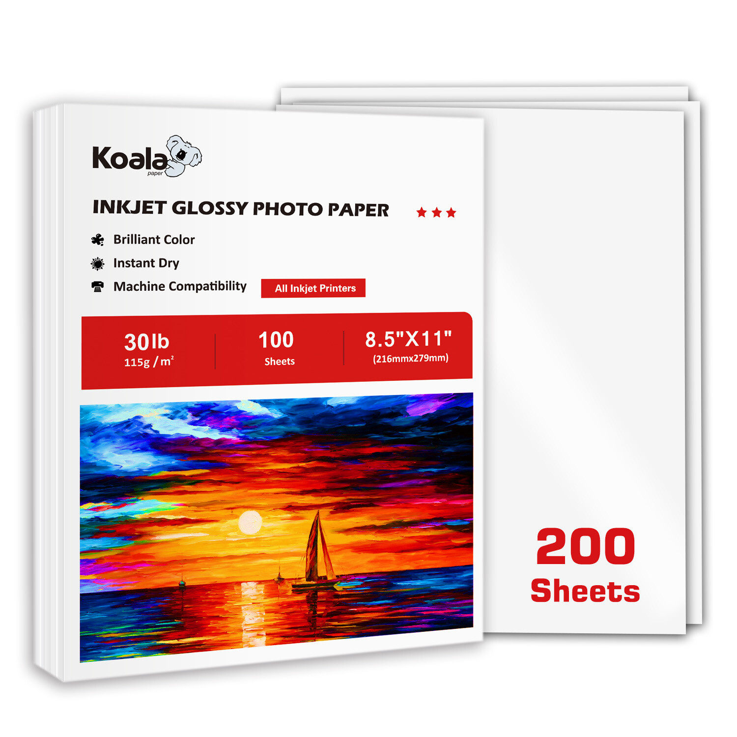200 Sheets Koala Glossy Inkjet Printer Paper 8.5x11 30lb 115g Thin for Chip Bags
