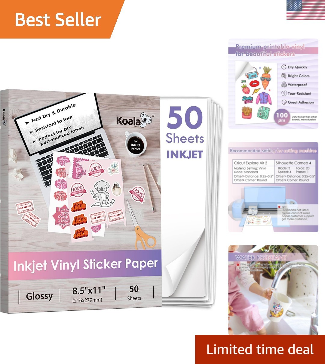 Koala Inkjet Printable Vinyl Sticker Paper for Inkjet Printer - 50 Sheets Whi...