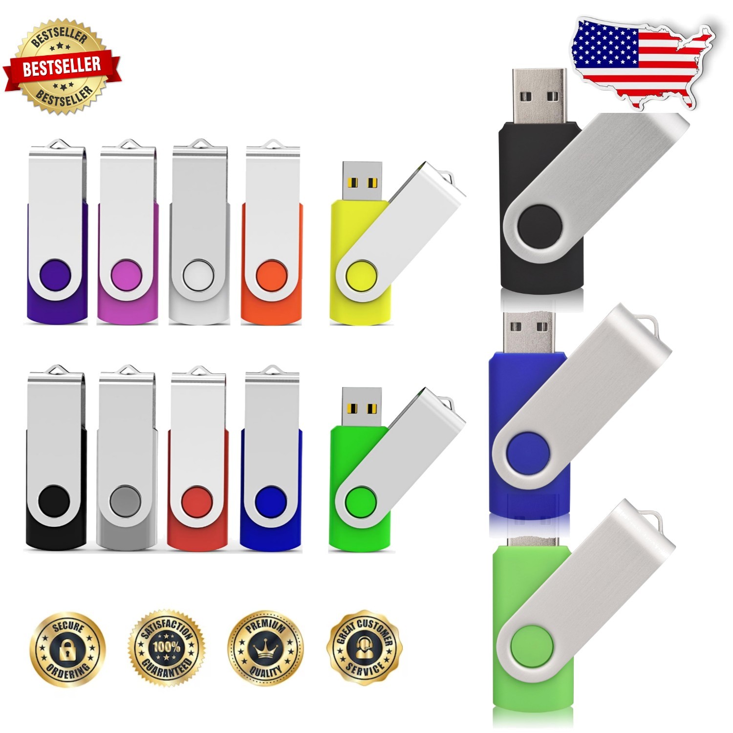 Durable 64GB USB 3.0 Flash Memory Stick - 10 Pack, Swivel Design