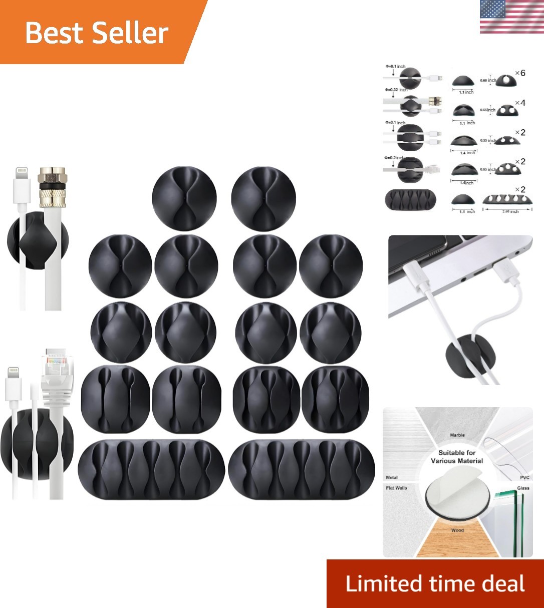 Compact 16PC Black Cable Clips: Residue-Free Cord Organizers for Home & Office
