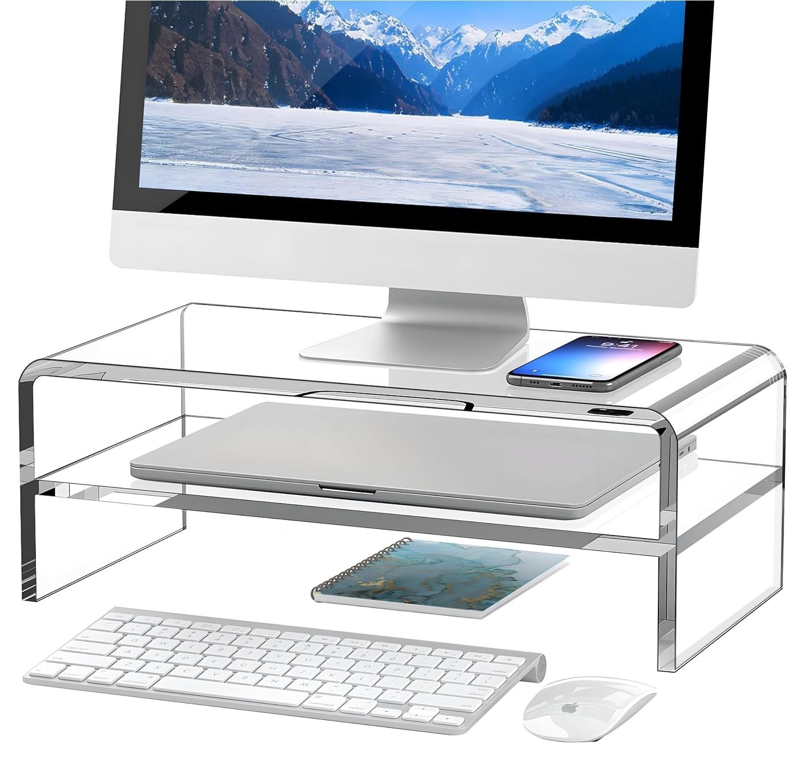 Clear Acrylic Monitor Stand Riser 2 Tier - 5.12" High Desk Organizer for PC & La
