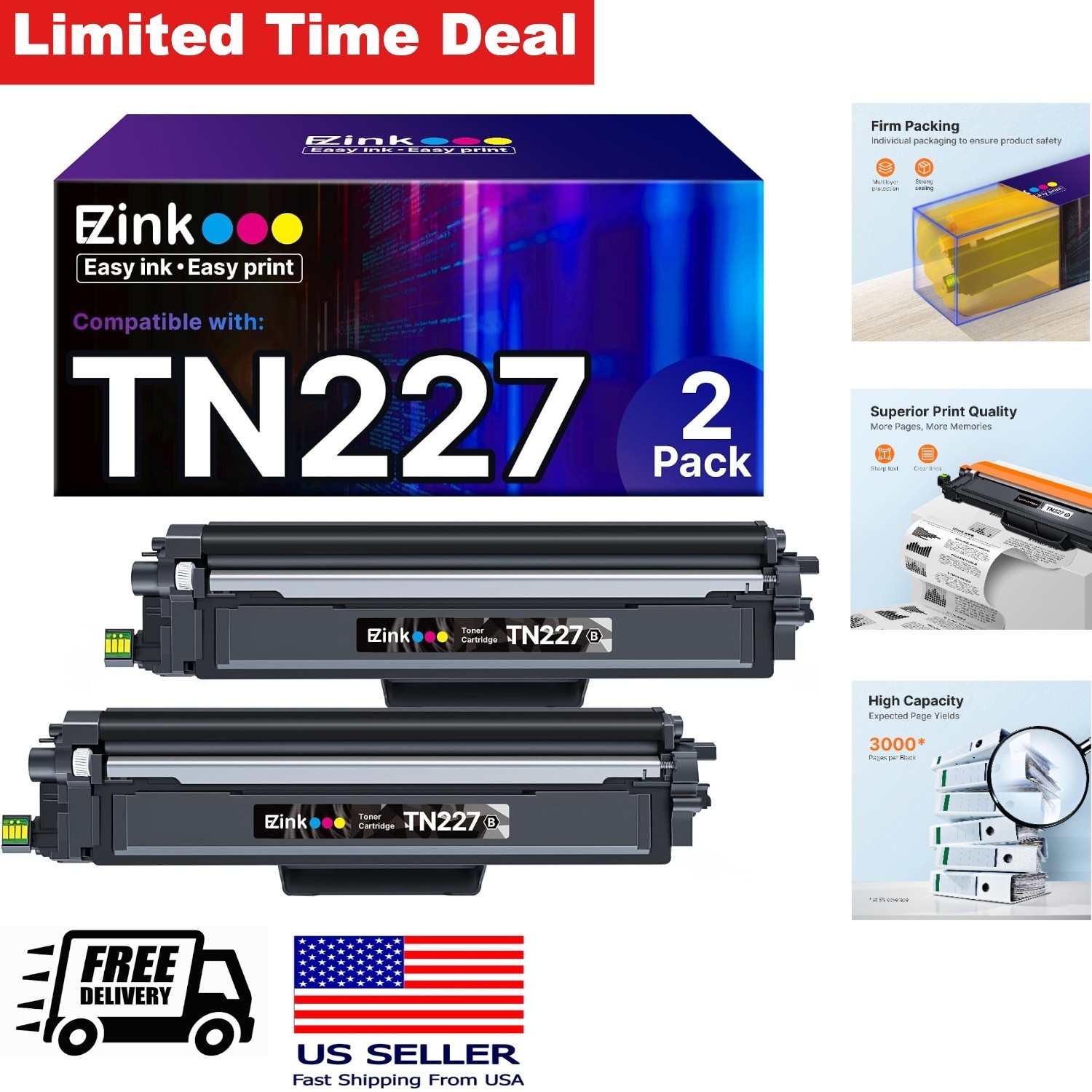 High Yield Compatible Toner Cartridges TN227BK TN223BK 2 Pack for Laser Printers