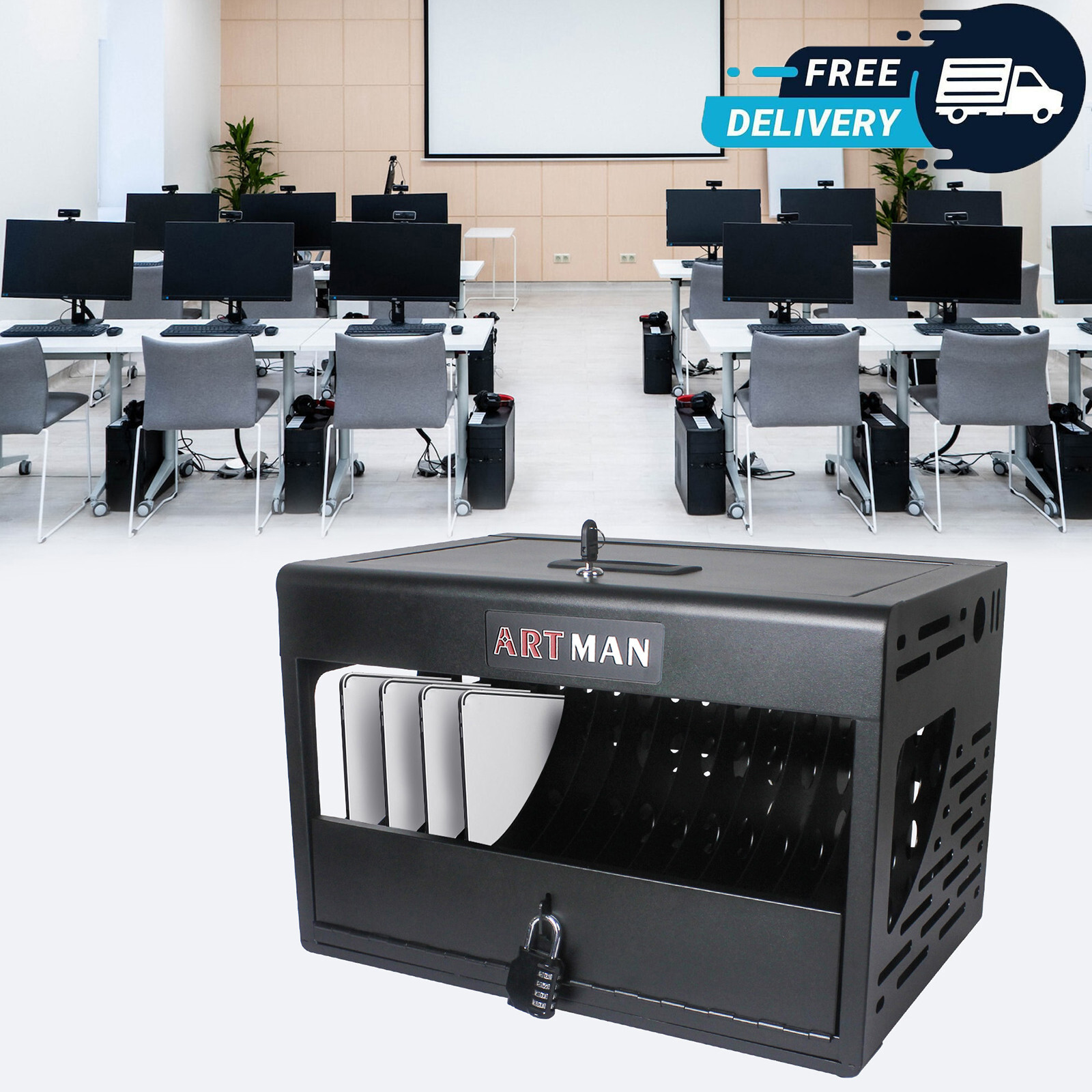 16 Bay Charging Cabinet, Lockable Charging Cart for Laptop, Chromebook
