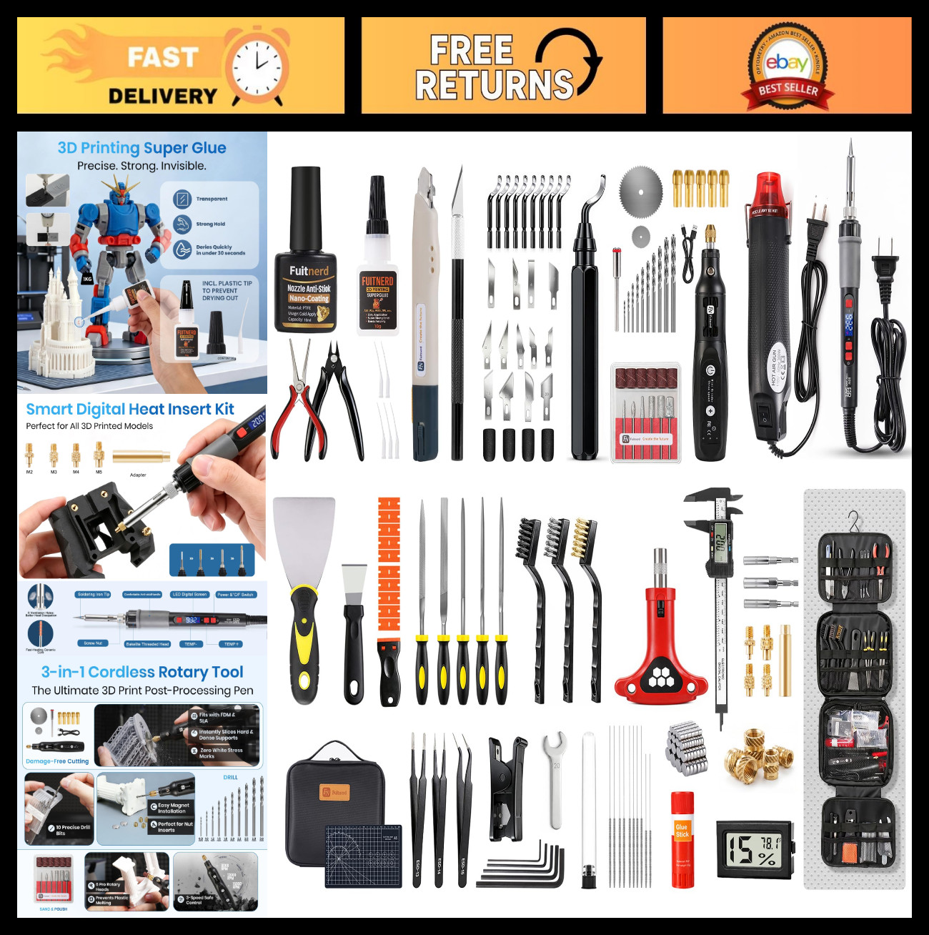 184Pcs 3D Printer Tool Kit with Organizer, Accessories, Rotary Tool, Heat Gun &