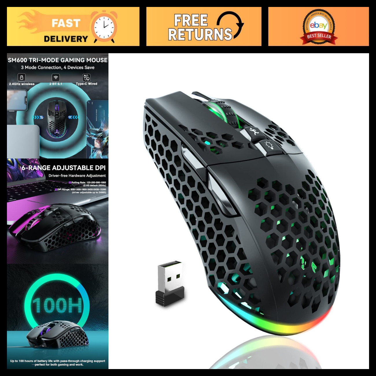 Wireless Gaming Mouse, Tri-Mode BT5.0/Type-C/2.4G, RGB, Programmable Macro, 2 Si