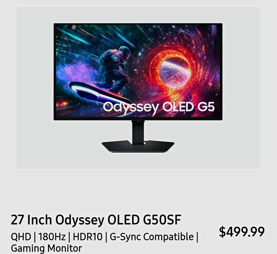 Samsung Odyssey OLED G5 G50SF 27in QHD 180Hz HDR10 G-Sync Gaming