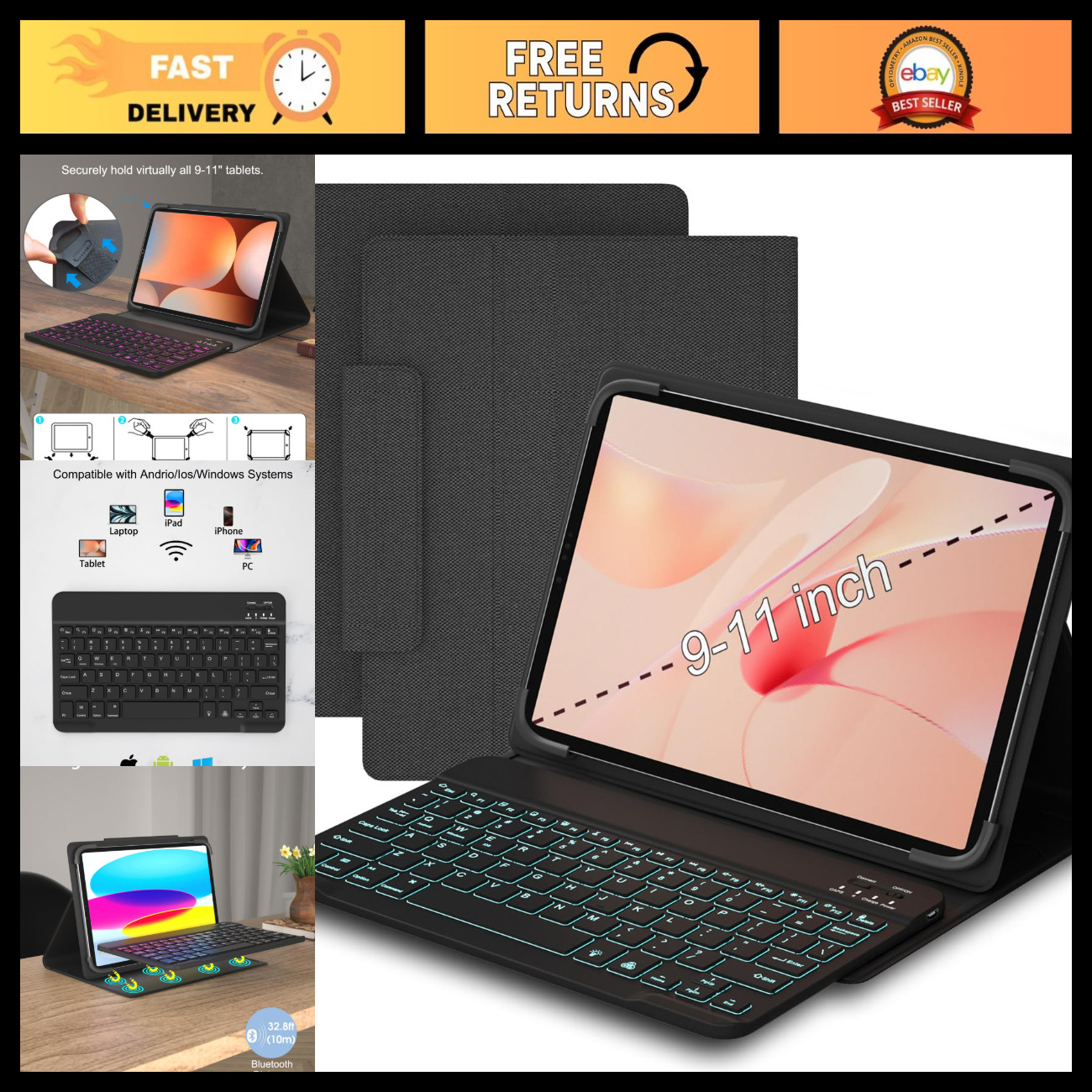 Universal Tablet Case with Removable 7-Color Backlit Bluetooth Keyboard, Fits 9"