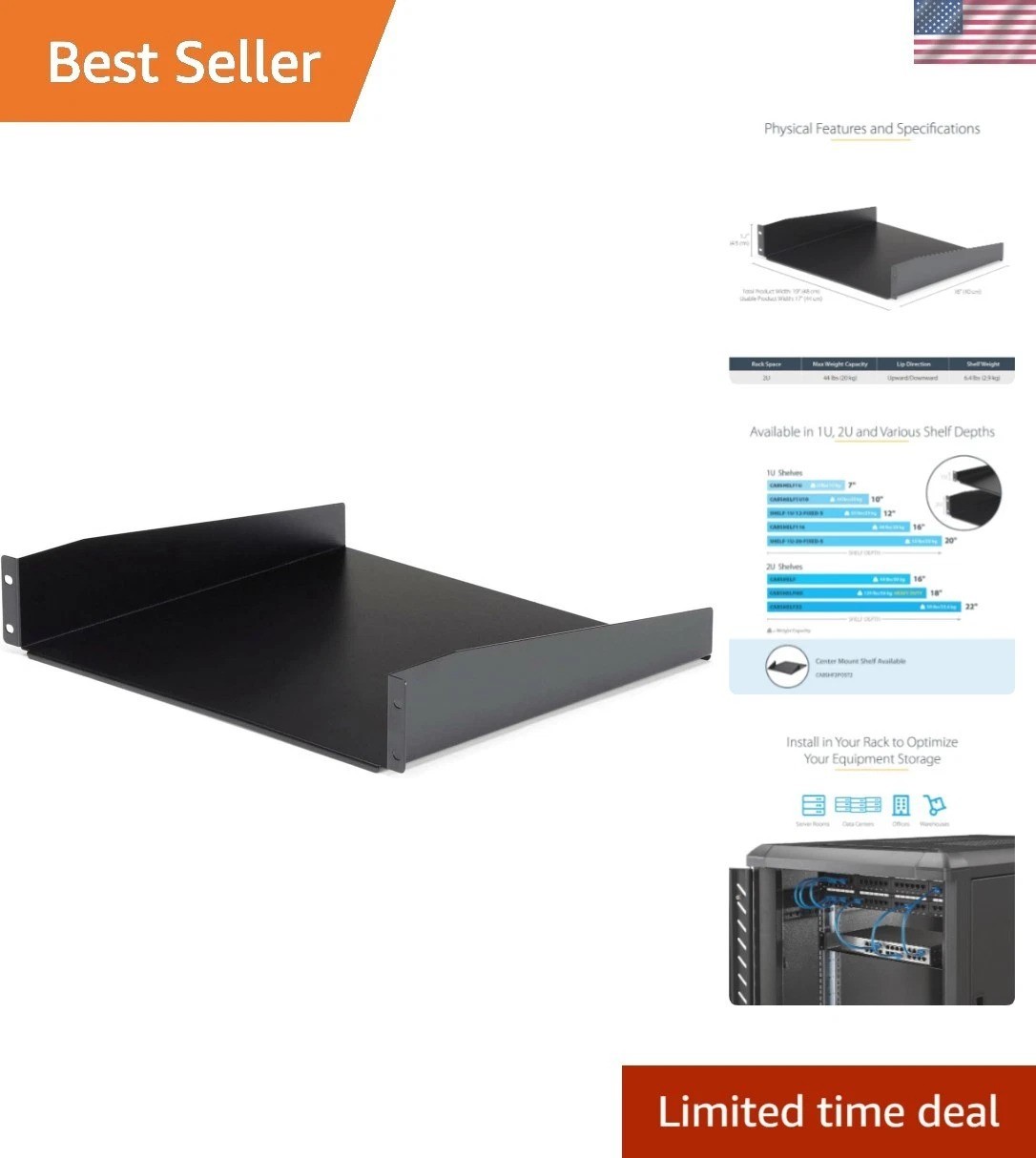 StarTech 2U Cantilever Server Rack Shelf, 16in, 44lb/20kg, Black CABSHELF