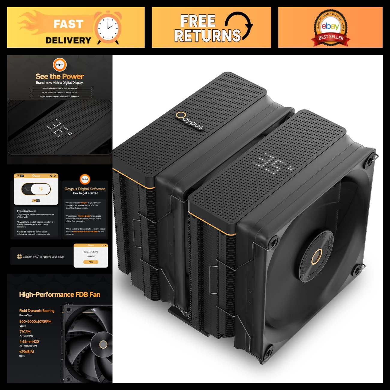 High Performance AM5 Air CPU Cooler with Digital Display - Quiet & Efficient Coo