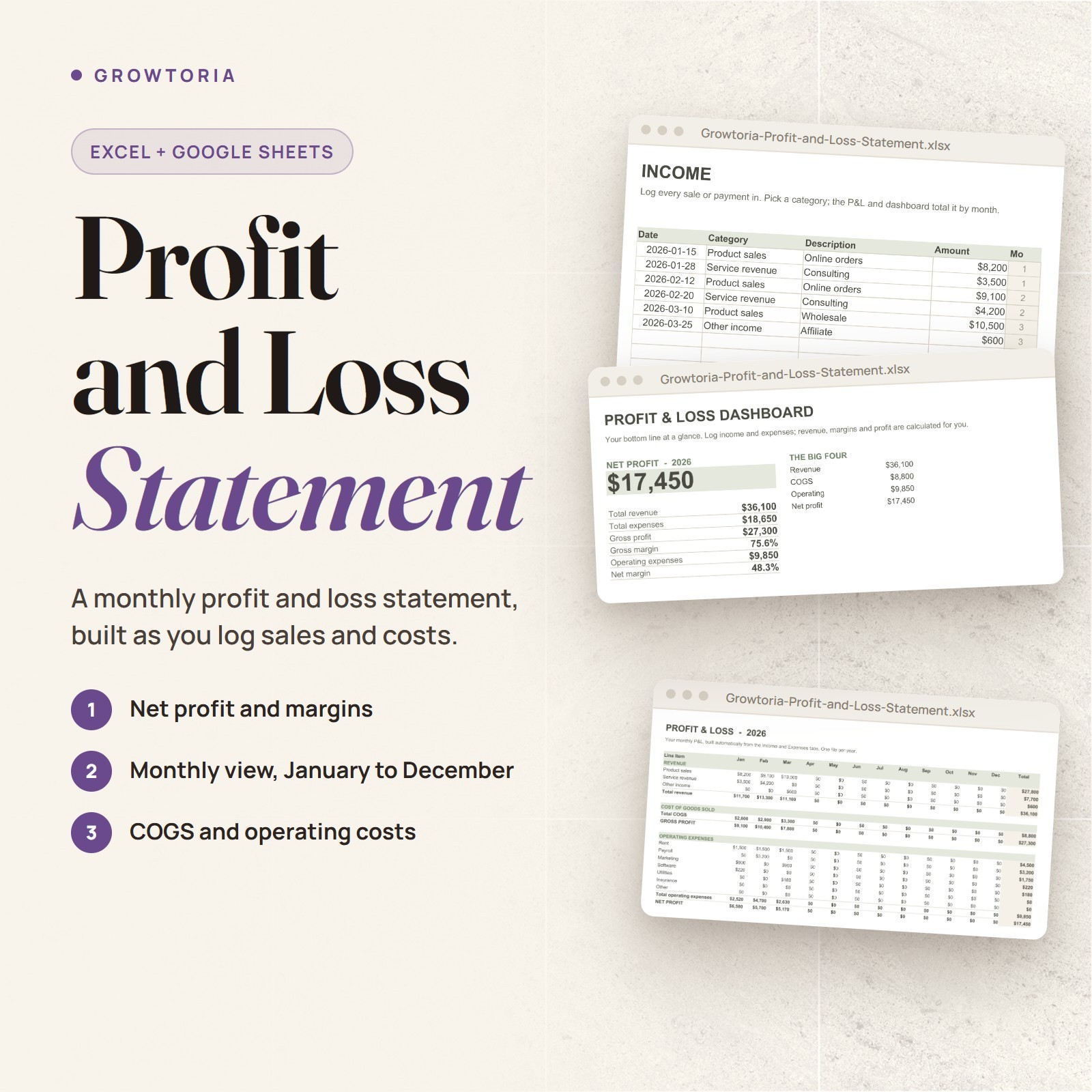 Profit and Loss Statement Template Small Business Excel Google Sheets P&L