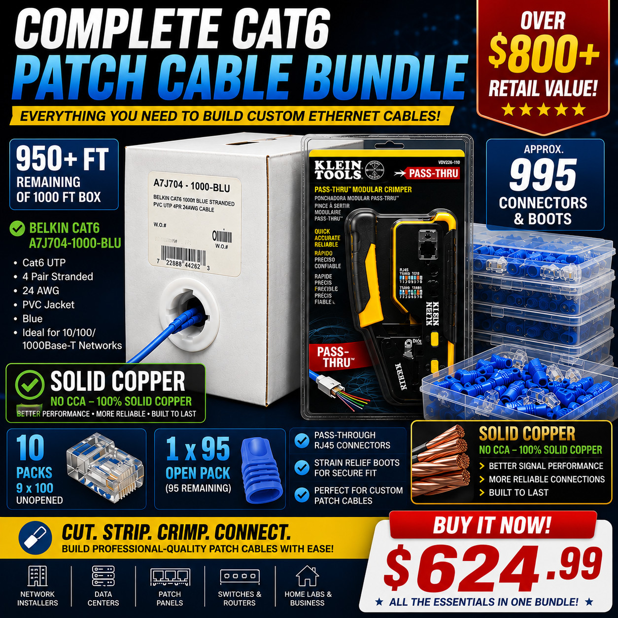 Belkin CAT6 Cable 950+ft + 995 RJ45 Connectors & Boots + Klein CAT Crimper