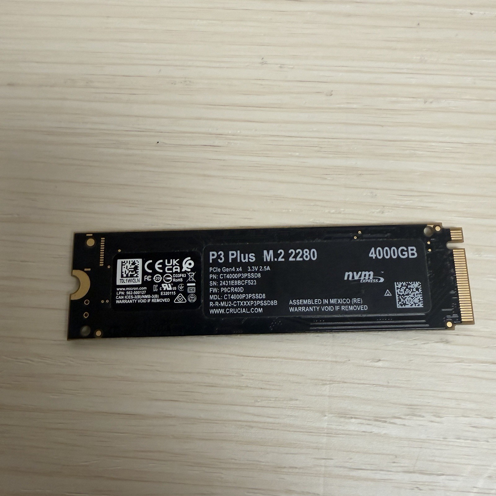 Crucial P3 Plus 4TB NVMe M.2 SSD CT4000P3PSSD8 PCIe Gen4 x 4 Solid State Drive