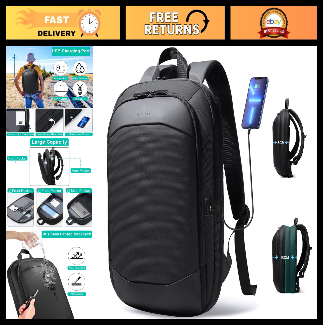 Slim Expandable Business Backpack for Men - 17 Inch Laptop Bag, Travel-Friendly