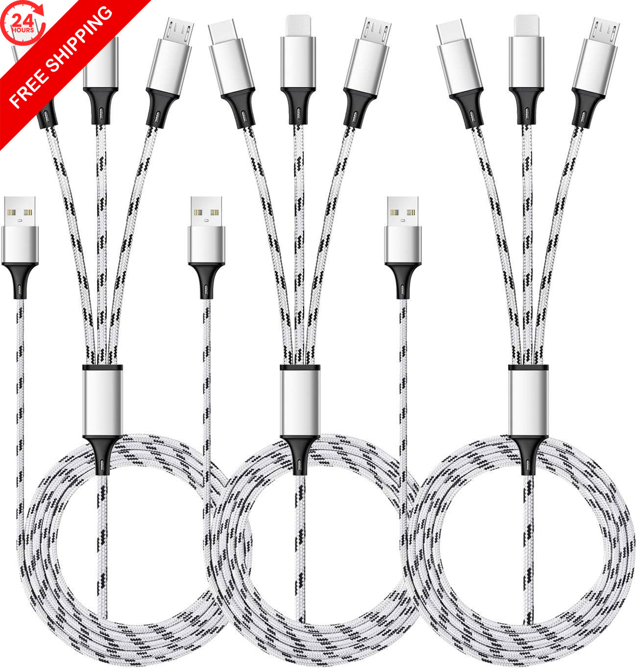 Multi Charging Cable, 5ft 3Pack Charger Cable Nylon Braided 5ft, Silver