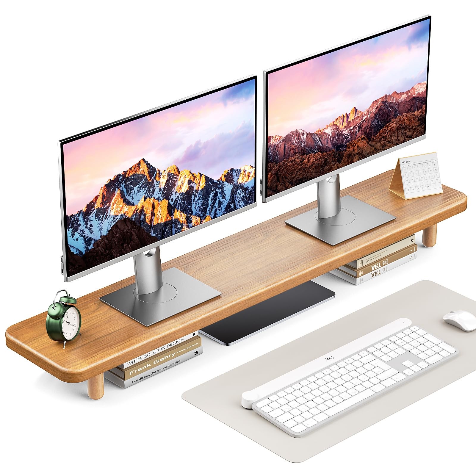 Dual Monitor Stand Riser, 39 Inch Extra Long Wooden Desktop Monitor Riser wit...