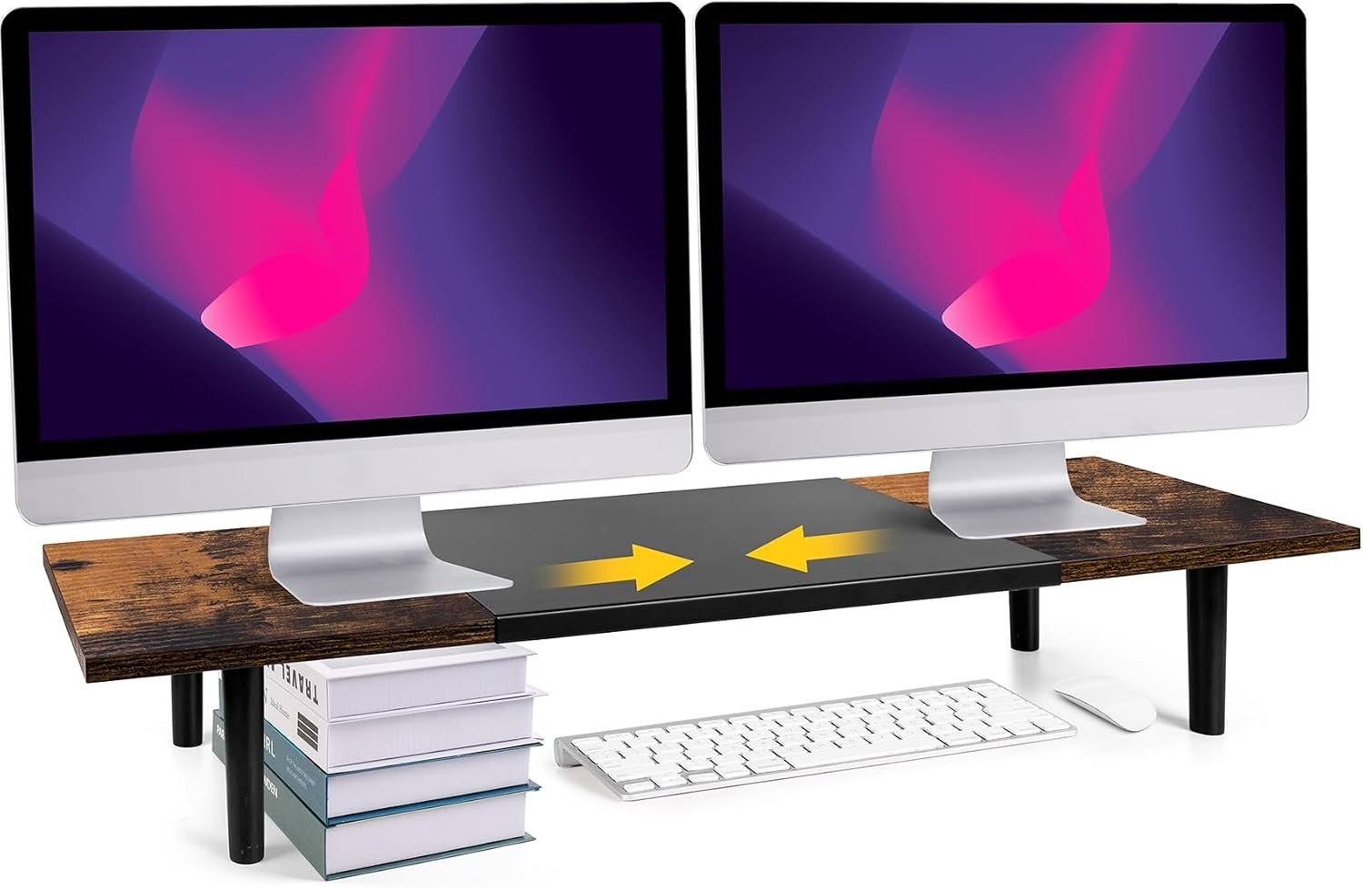 Brown Dual Monitor Stand Riser for Desk Adjustable Length 32-40 inch