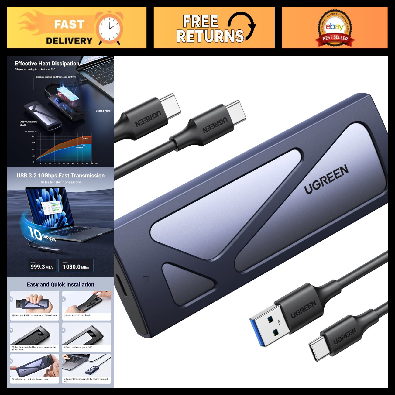 USB-C M.2 NVMe SSD Enclosure, 10Gbps High-Speed Data Transfer, Portable Storage