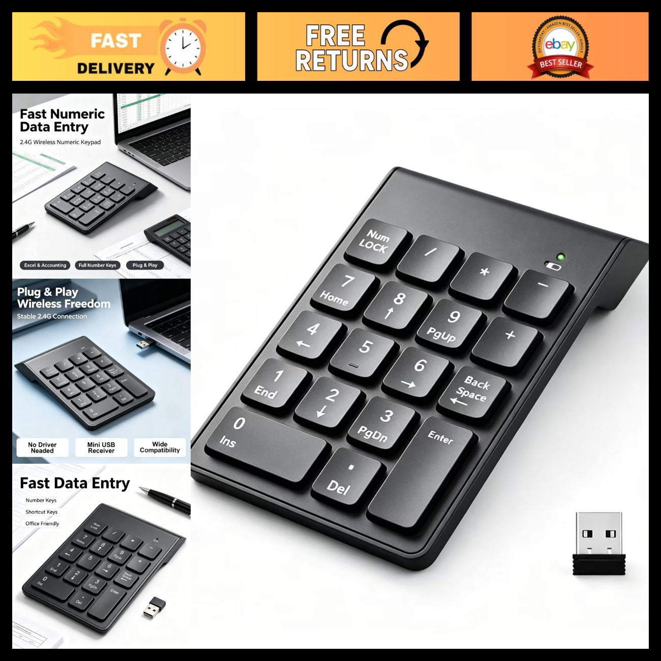 Portable Wireless Numeric Keypad 2.4G, 18 Keys USB Number Pad for Laptop/PC