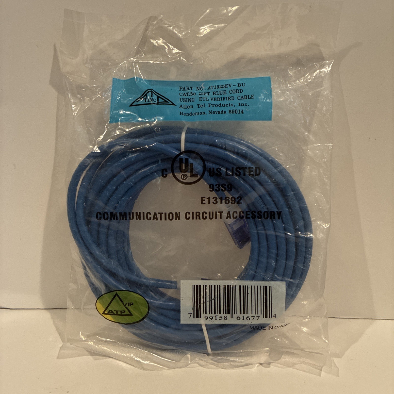 Allen Tel Comm. Circuit Accessory Cat5e Snagless Ethernet 25’ Cable AT1525EV-BU