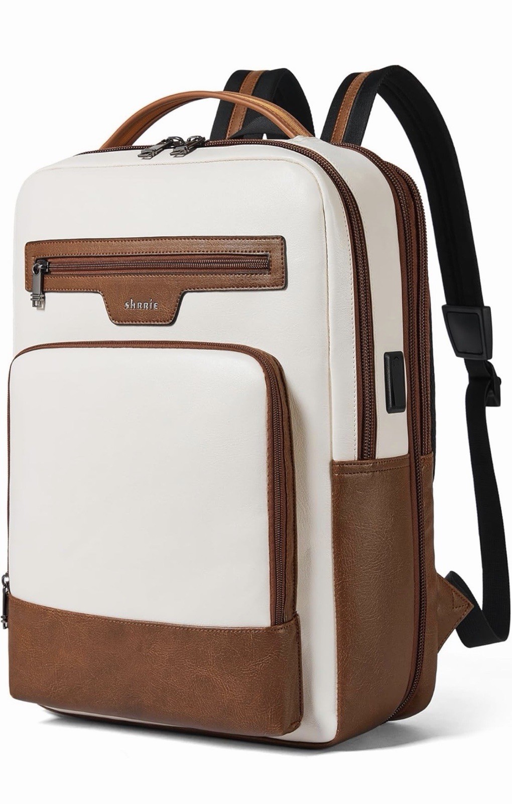 SHRRIE Expandable Faux Leather Laptop Backpack w/ USB Port, Fits 16 in