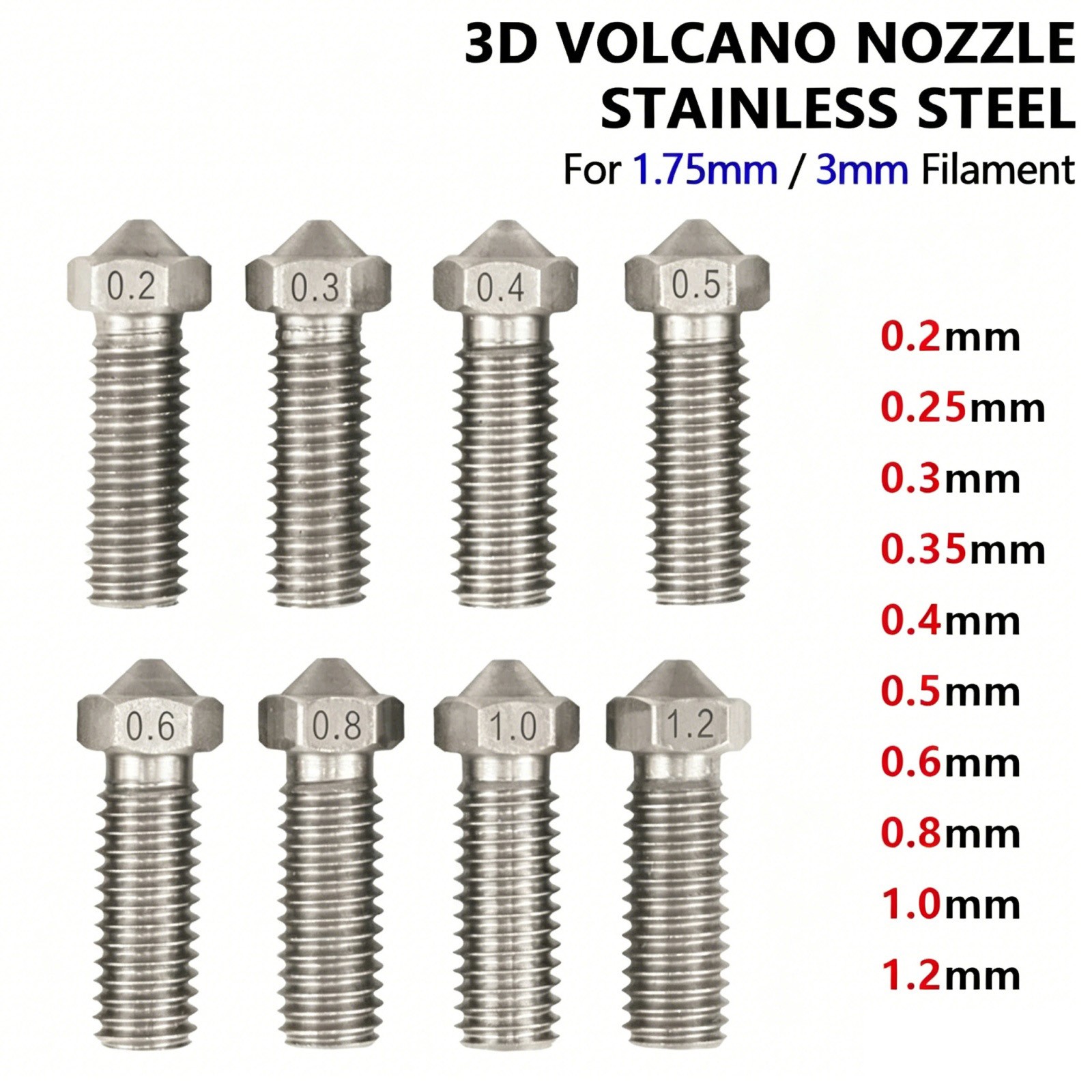 0.2-1.2mm V5 V6 Stainless Steel Volcano Extruder Nozzle M6 3D Printer 1.75mm 3mm