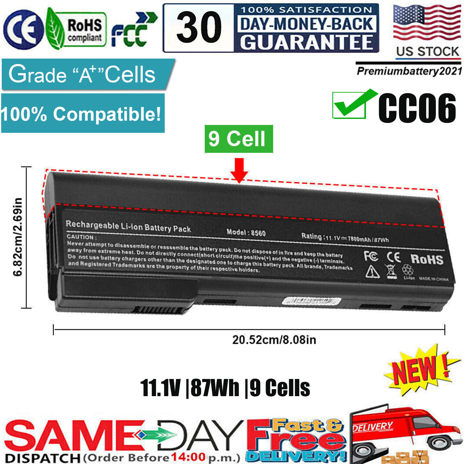 ✅9 Cell For HP EliteBook 8470p 8470w 8560p Probook 6360b Battery CC09 631243-001