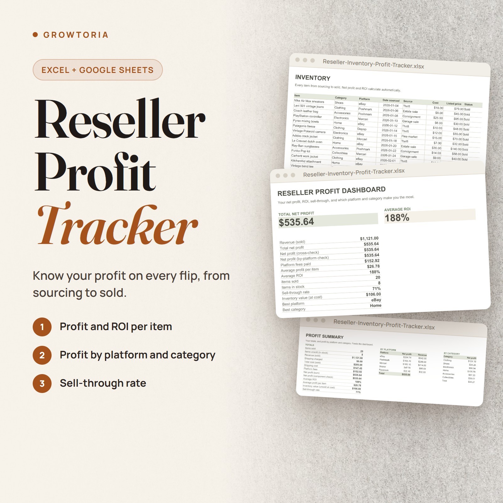 Reseller Inventory & Profit Tracker Spreadsheet Excel Google Sheets Bookkeeping