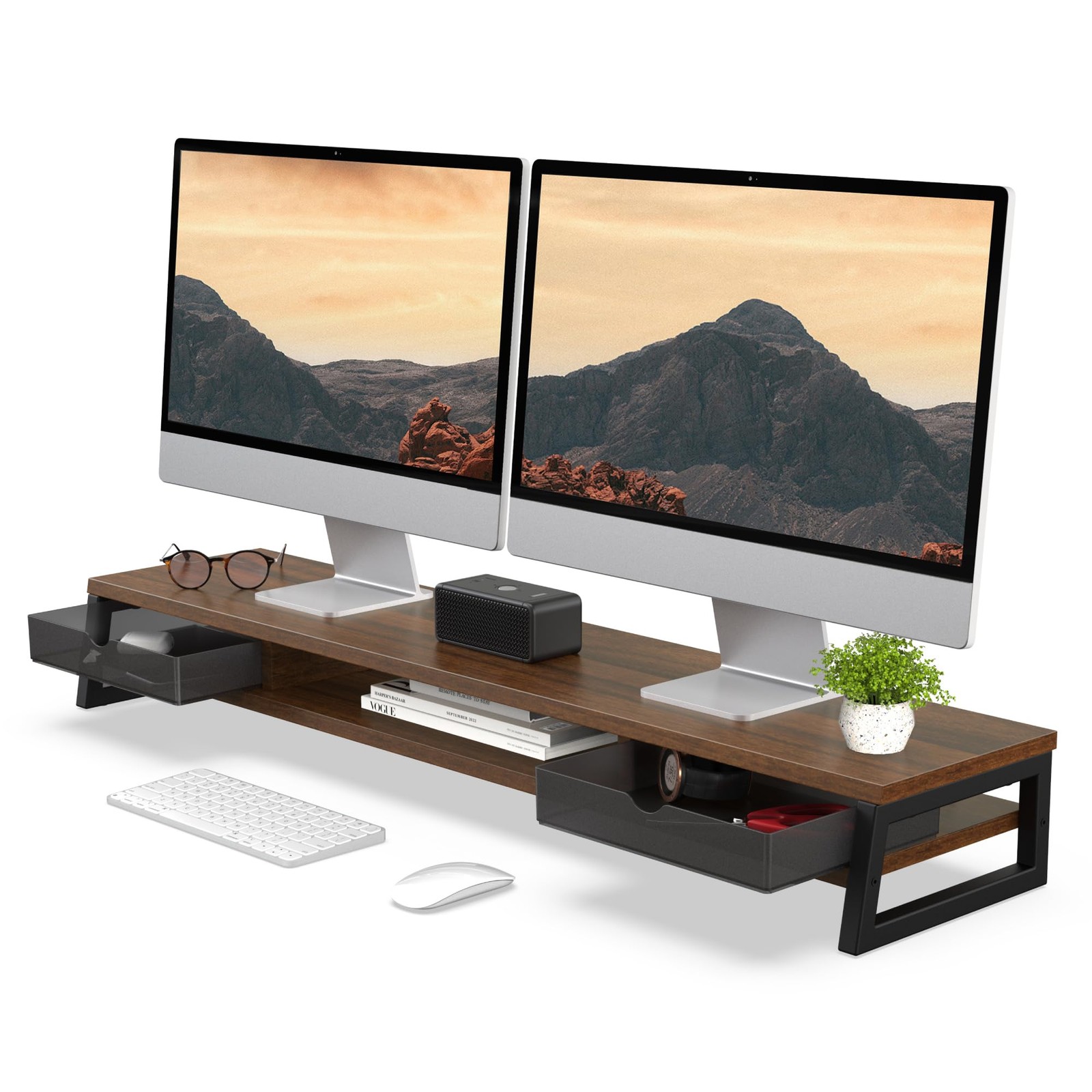 Fenge Dual Monitor Stand Riser, 42.5in Desk Shelf with 2 Drawers, Brown