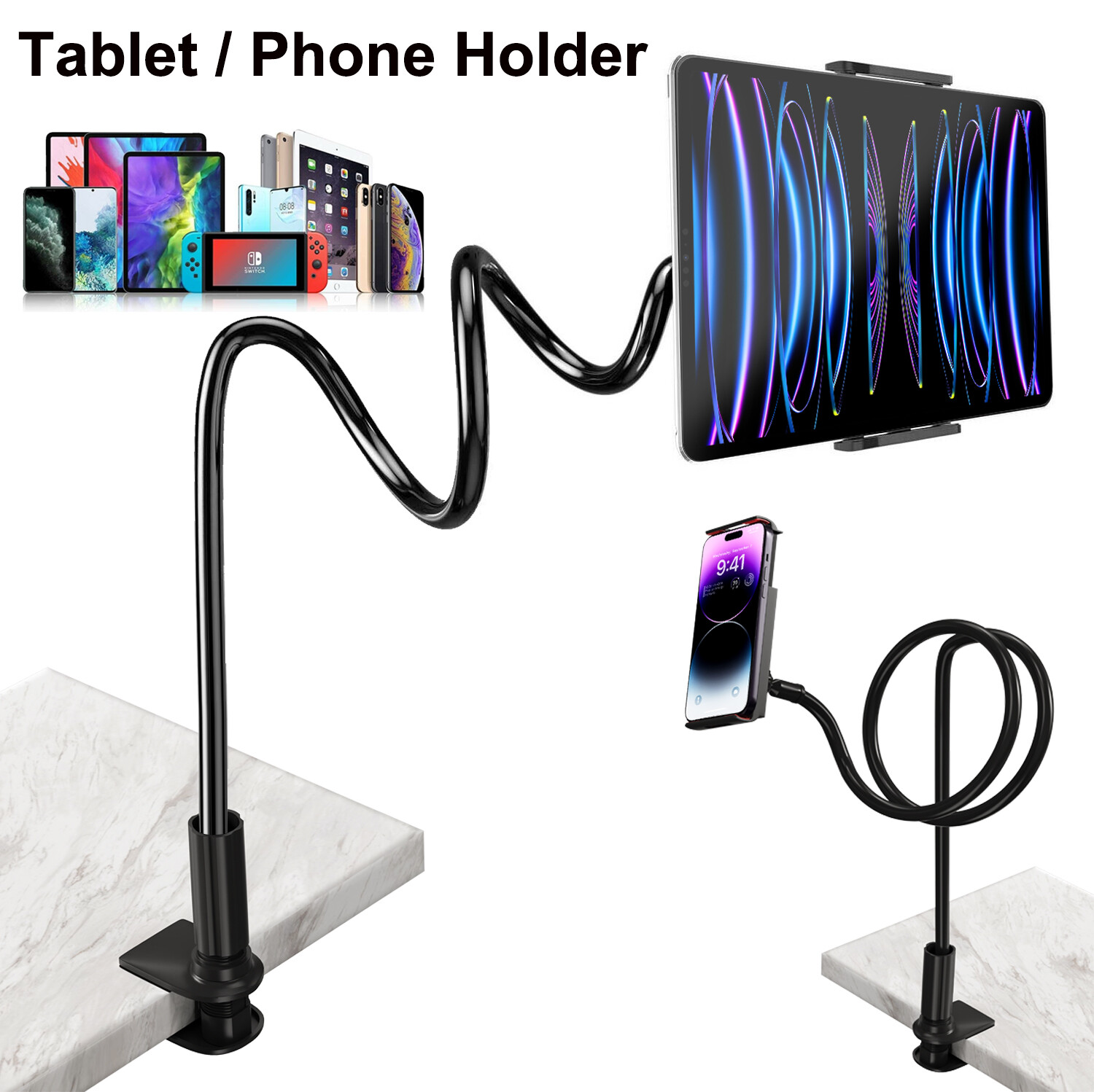 Universal Lazy Mobile Phone Gooseneck Stand Holder Flexible Bed Desk Table Clip