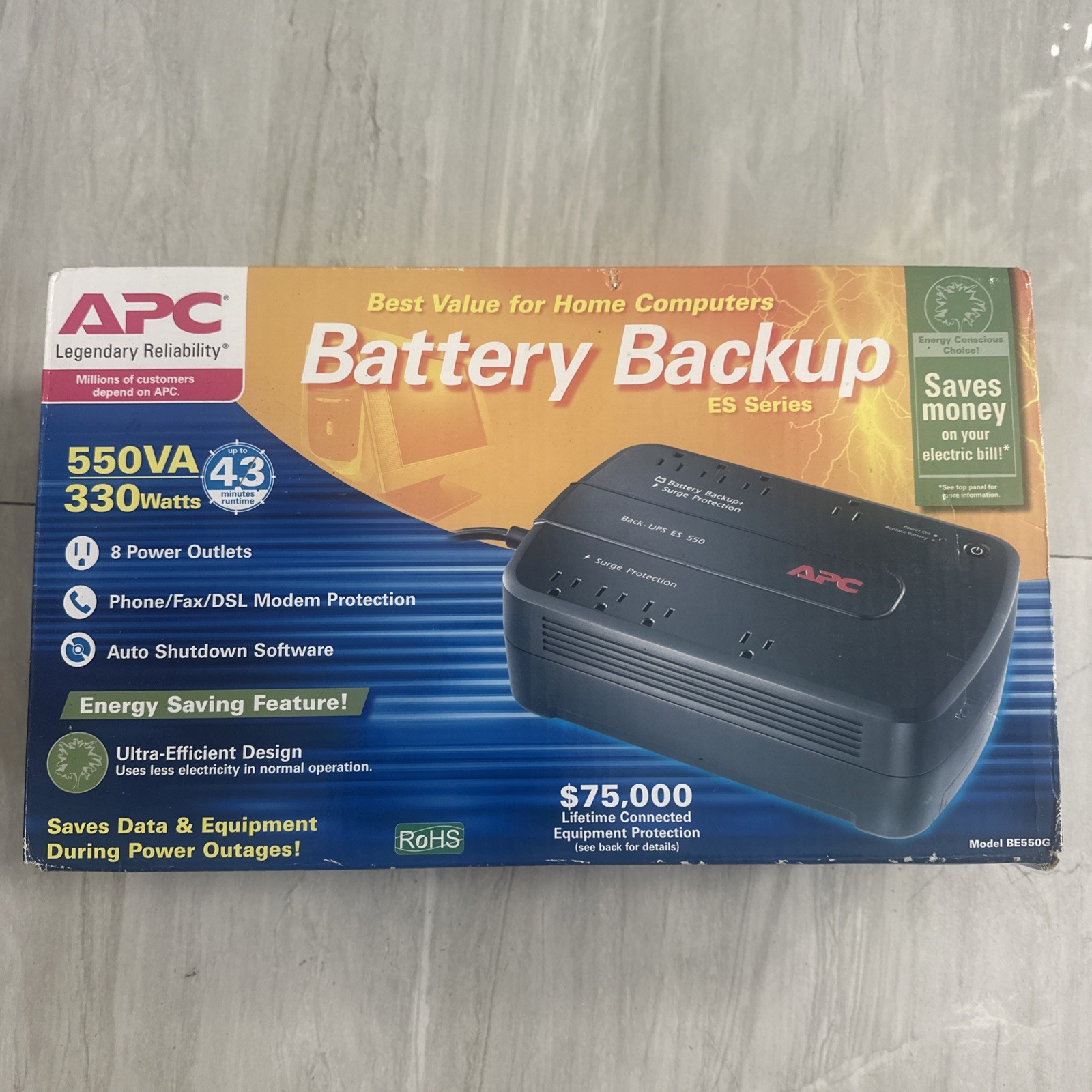 APC 8-Outlet Data Line 550VA/330W Back-UPS Battery Backup 340J BE550G