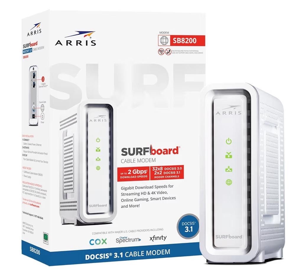 ARRIS SURFboard SB8200 DOCSIS 3.1 Cable Modem White 10 Gbps 32x8 Channels