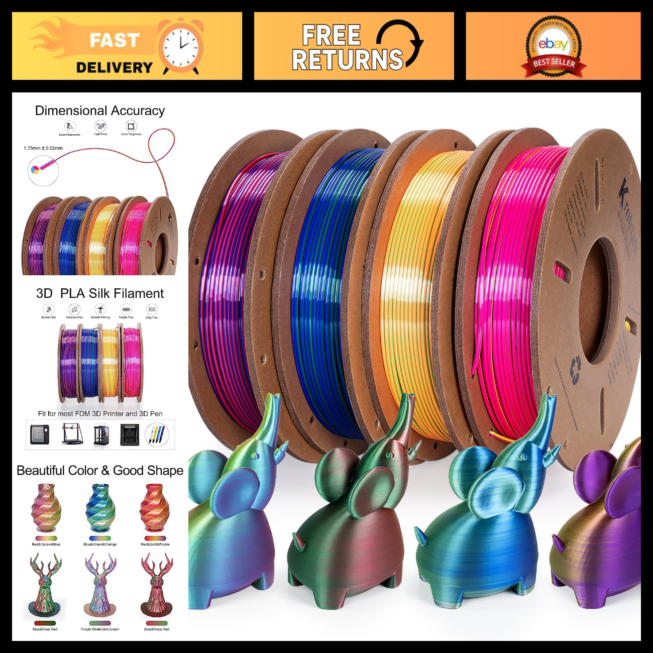 Color Changing 3D Printer Filament Bundle 1.75mm - 4 Spools 250g Multicolor